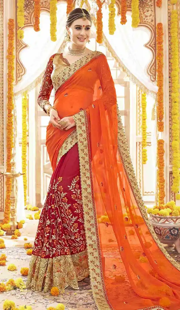 Red and Gold Color Georgette Designers Wedding Bridal Sarees with Art Silk Blouse | FHRK248628620