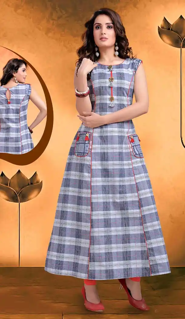 Checks Digital Printed Orange Color Straight Readymade Kurtis | FHRK248928668