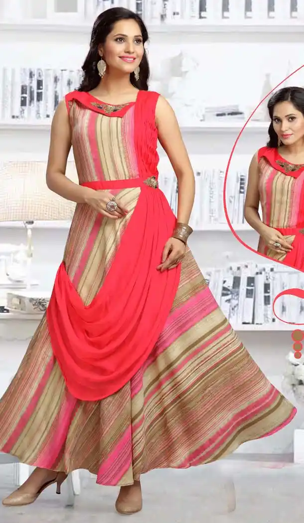 Chanderi Cotton Digital Printed Orange plus Brown Color Straight Readymade Kurtis | FHRK248928672