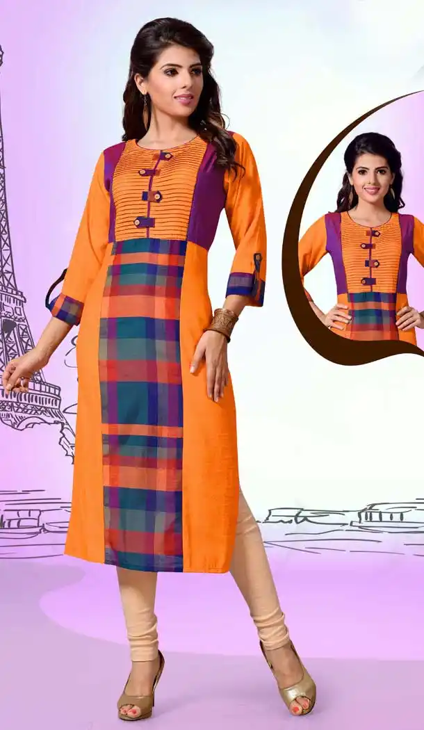 Chanderi Cotton Digital Printed Orange and Cream Color Straight Readymade Kurtis | FHRK248928674