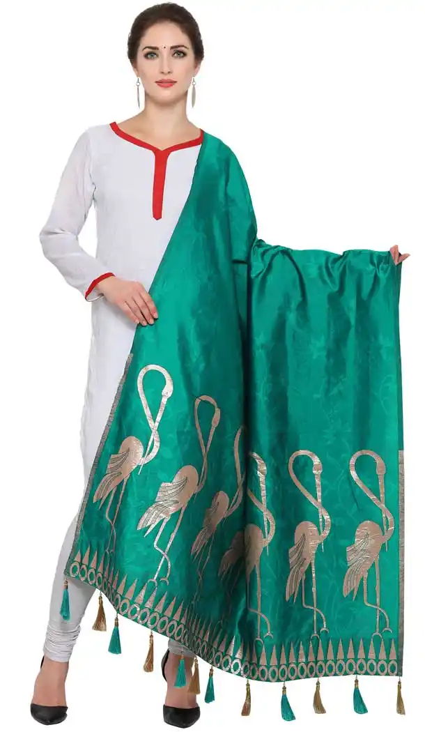 Rama Green & Golden Banarasi Dupatta with Crane Bird Design | FHRK249028684