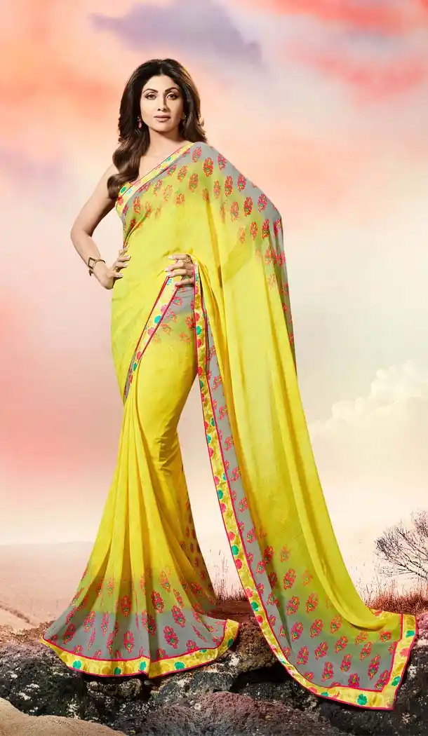 Shilpa Shetty Yellow Color Georgette Printed Saree | FHR227126105