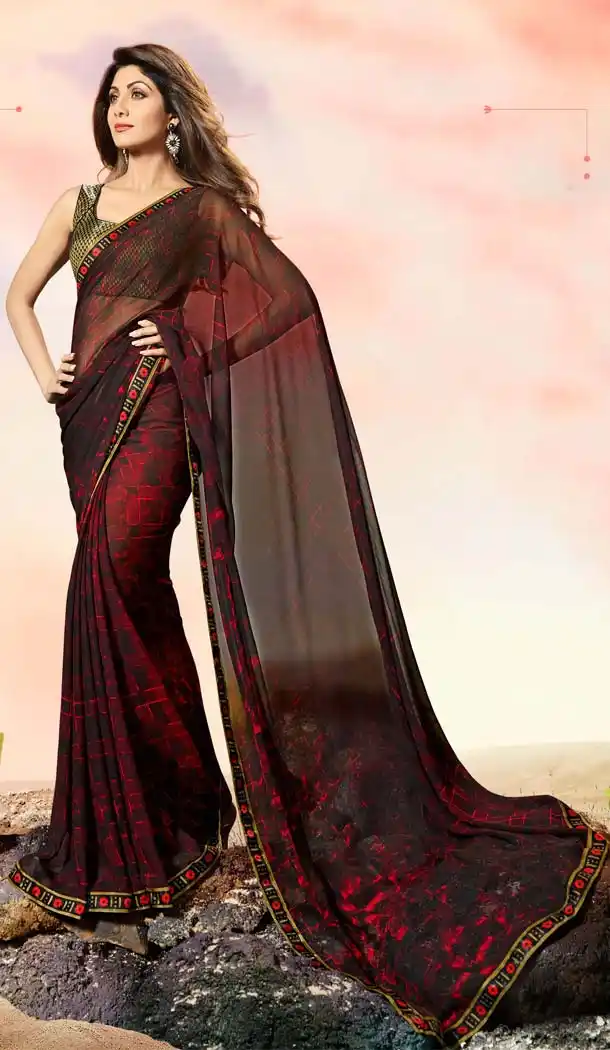 Shilpa Shetty Dark maroon Color Georgette Printed Saree | FHR227126107