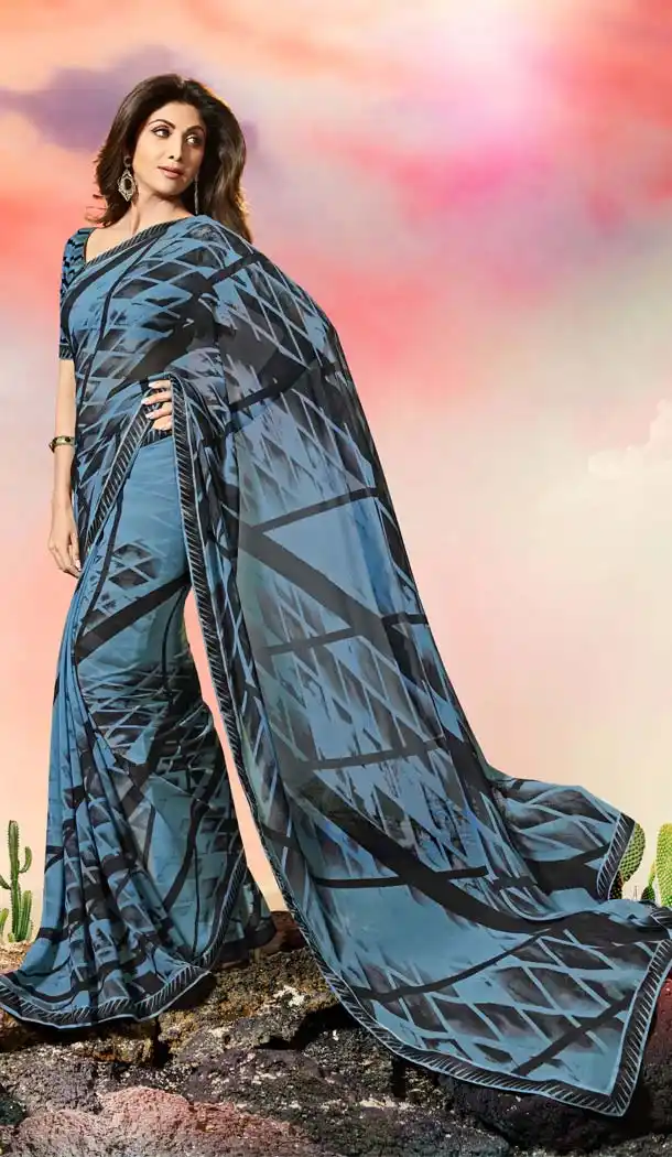 Shilpa Shetty Blue N Black Color Georgette Printed Saree | FHR227126118
