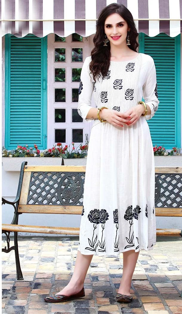 White Color Rayon Printed Readymade Kurti | FHR233426869