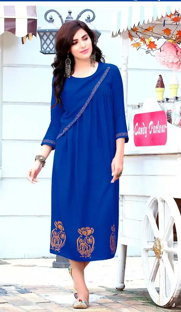 Blue Color Rayon Printed Readymade Kurti | FHR233426870