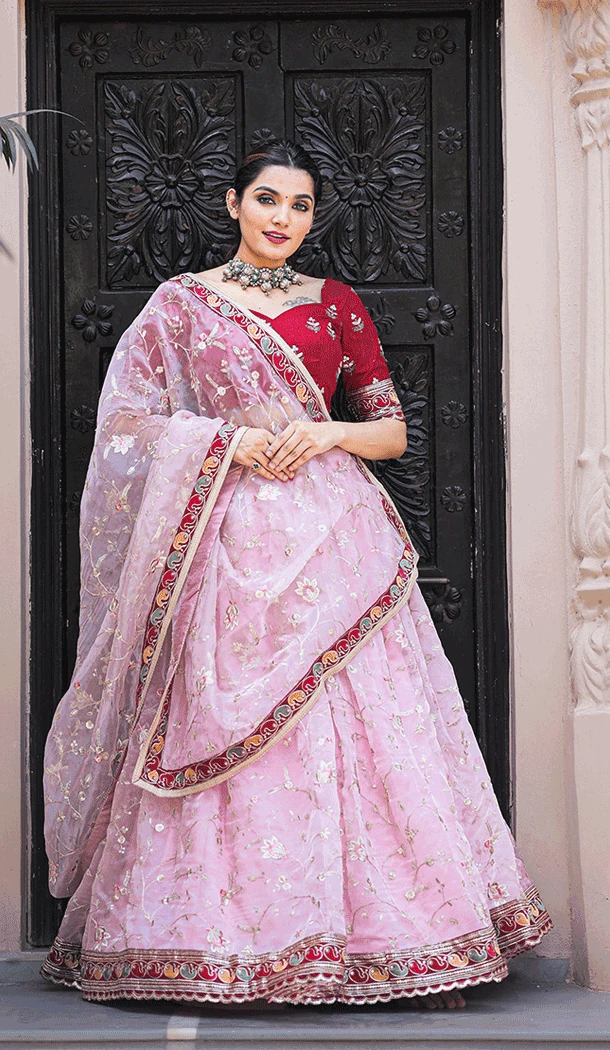 Thread Embroidery Work Organza Designer Plus Size Lehenga Choli in Light Pink -6590170810