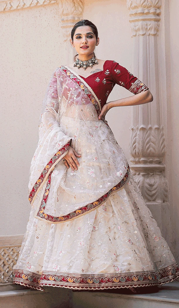 Thread Embroidery Work Organza Designer Plus Size Lehenga Choli in Off White -6590170811