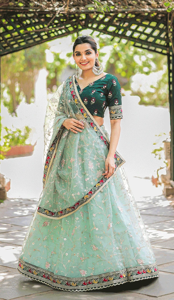 Thread Embroidery Work Organza Designer Plus Size Lehenga Choli in Light Pista -6590170812
