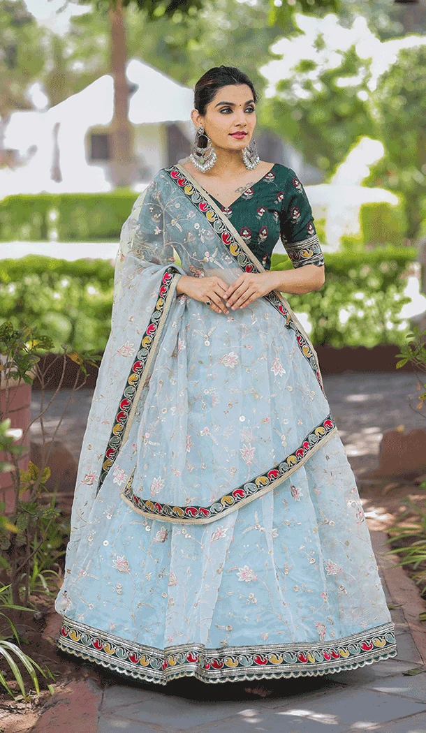 Thread Embroidery Work Organza Designer Plus Size Lehenga Choli in Sky Blue -6590170813