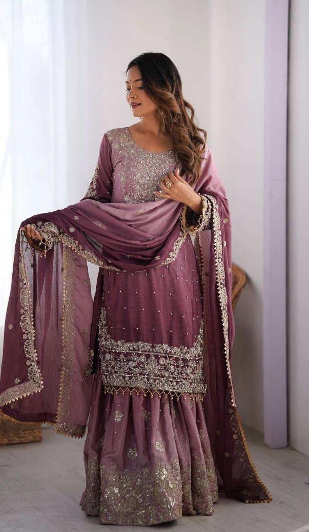 Women Palazzo Suit Chinon Silk Multi Dori With Sequence -  12631208617