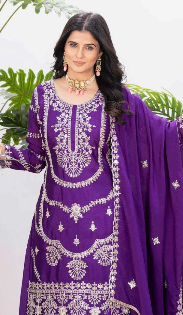Women Pure Heavy Chinnon Silk Purple Embroidery Palazzo Suit - 13048210715