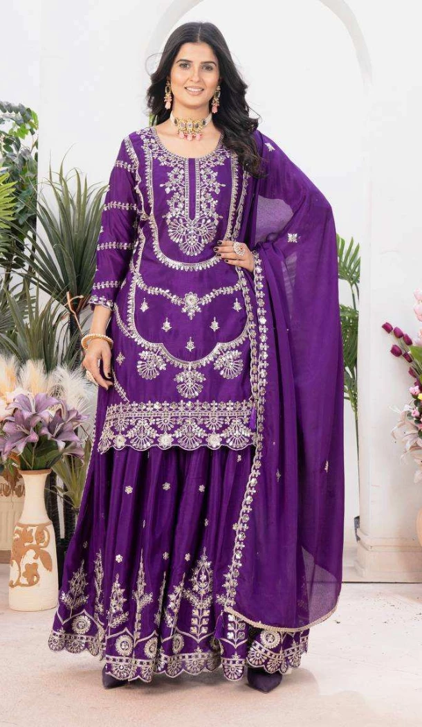Women Pure Heavy Chinnon Silk Purple Embroidery Palazzo Suit - 13048210715