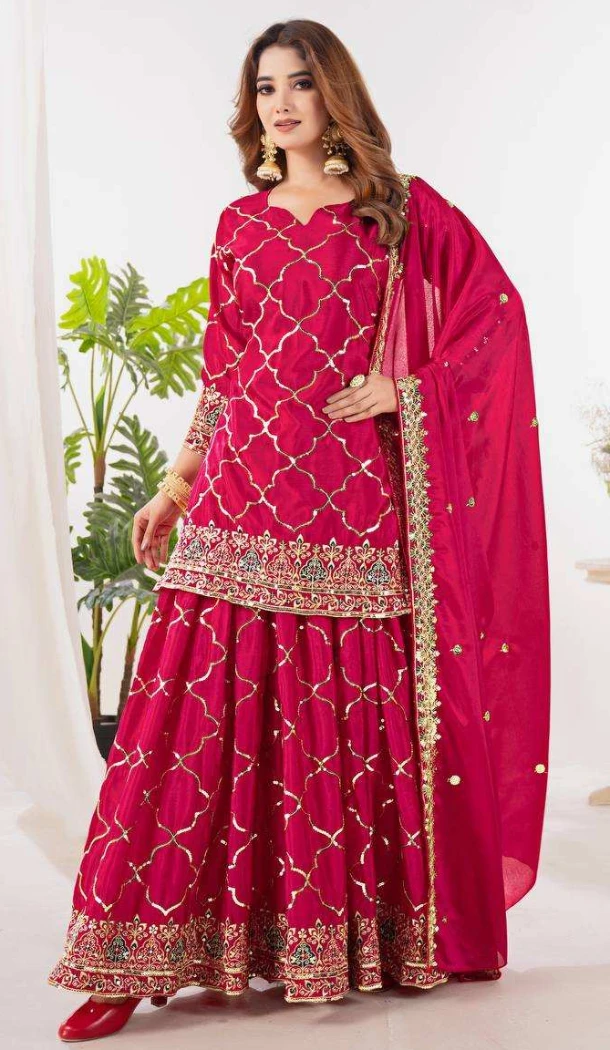 Women Palazzo Suit Embroidery Pink Heavy Chinnon Silk - 13049210718