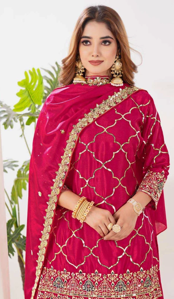 Women Palazzo Suit Embroidery Pink Heavy Chinnon Silk - 13049210718