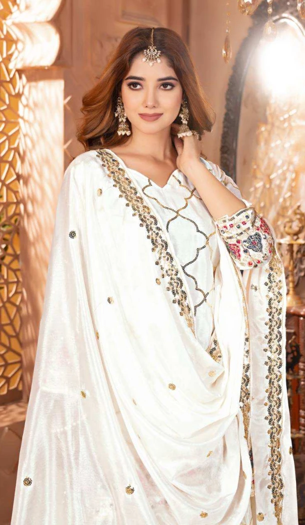 Women Embroidery White Heavy Chinnon Silk Palazzo Suit - 13049210719