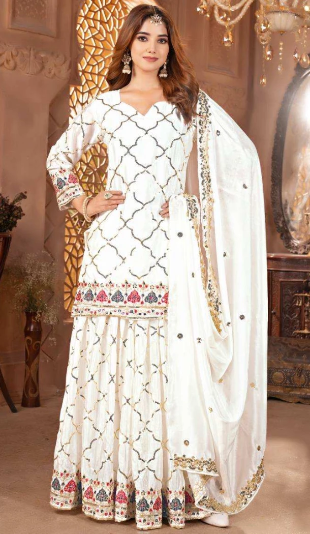 Women Embroidery White Heavy Chinnon Silk Palazzo Suit - 13049210719
