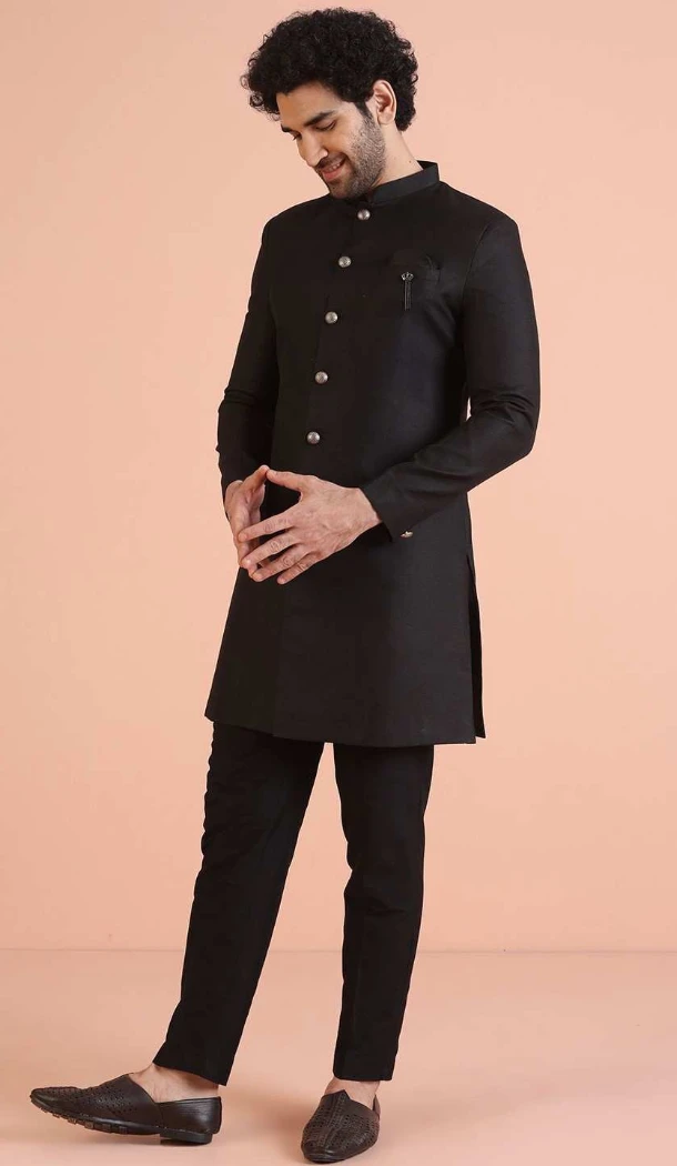 Women Dhupion Art Silk Black Mens Wear Indo Western - 13116211049