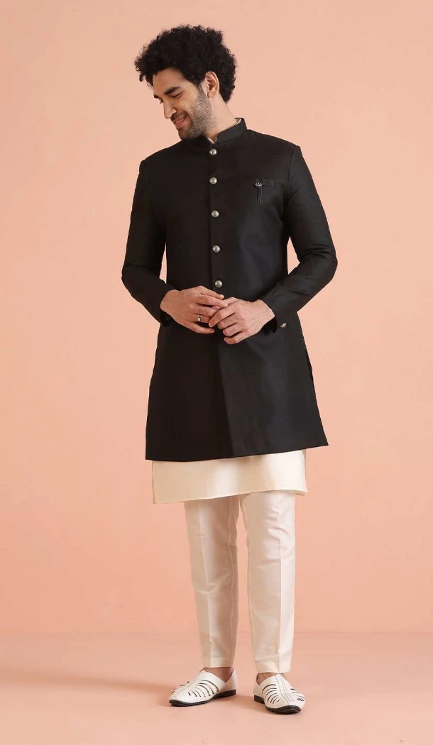 Women Mens Wear Indo Western Dhupion Art Silk Black & Cream - 13116211050