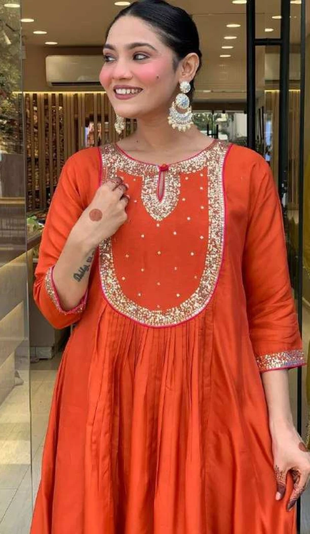 Women Orange Heavy Viscose Roman Silk Salwar Suit Embroidery - 13209211538