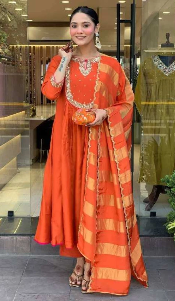 Women Orange Heavy Viscose Roman Silk Salwar Suit Embroidery - 13209211538
