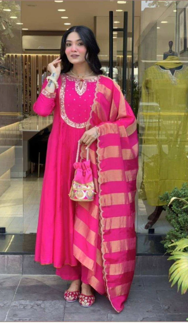 Women Pink Embroidery Heavy Viscose Roman Silk Salwar Suit - 13209211539
