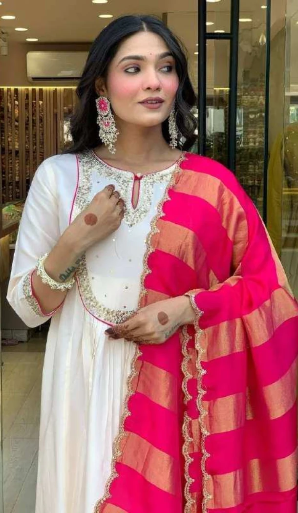 Women White Salwar Suit Heavy Viscose Roman Silk Embroidery - 13209211540