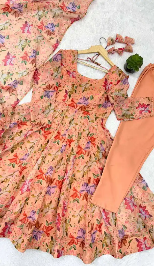 Women Printed Work Peach Salwar Suit Pure Soft Organza - 13525213312