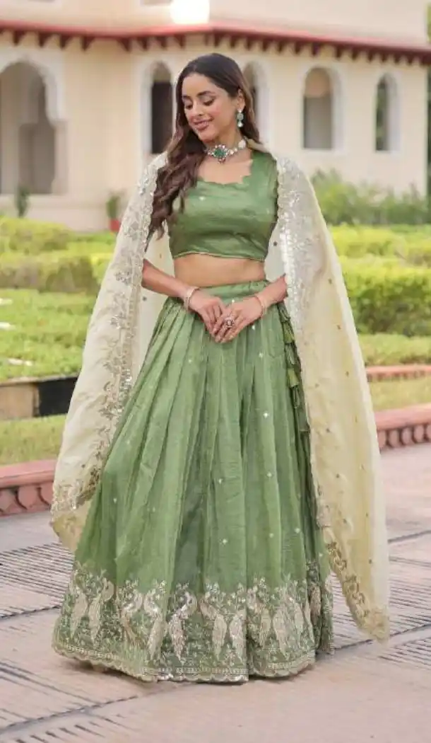 Gold Crush Silk Green Zari Sequin Lehenga Choli - 215686
