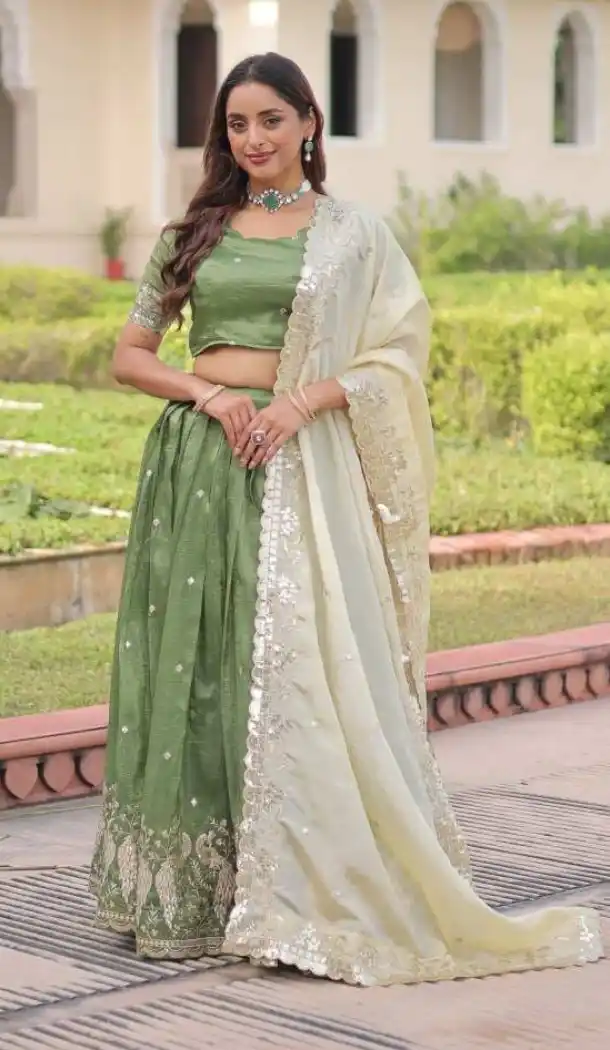 Gold Crush Silk Green Zari Sequin Lehenga Choli - 215686