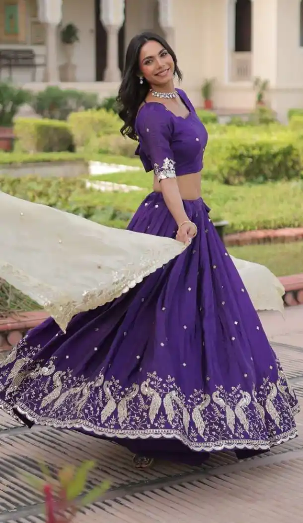 Purple Zari Sequin Gold Crush Silk Lehenga Choli - 215687