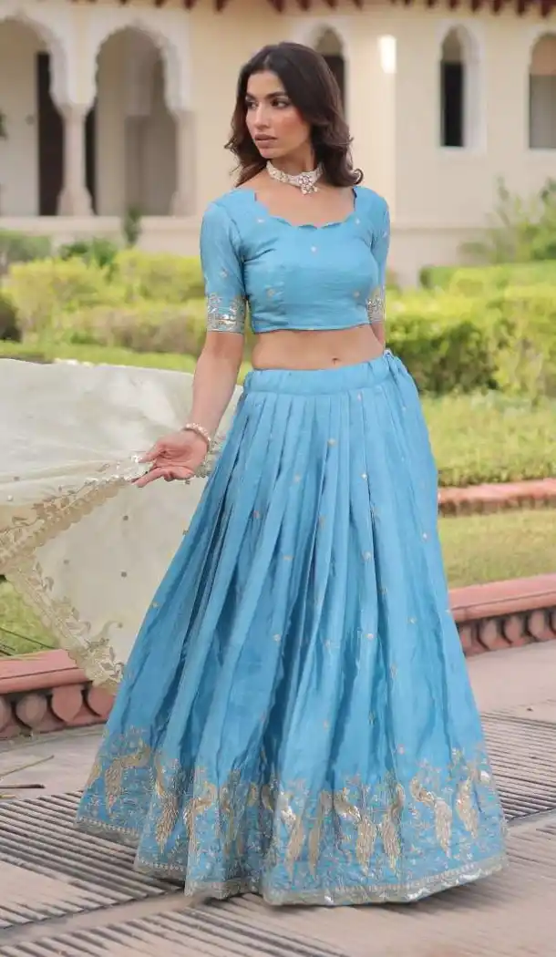 Sky Blue Zari Sequin Lehenga Choli Gold Crush Silk - 215688