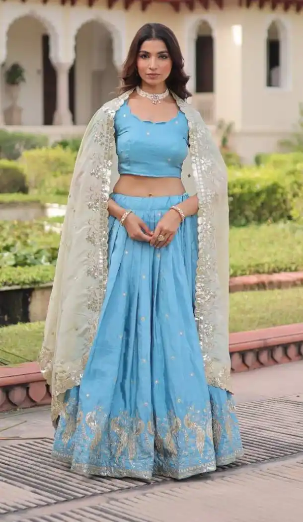Sky Blue Zari Sequin Lehenga Choli Gold Crush Silk - 215688