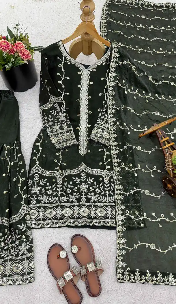 Black Fendy Silk Palazzo Suit with Sequence Work – 216062