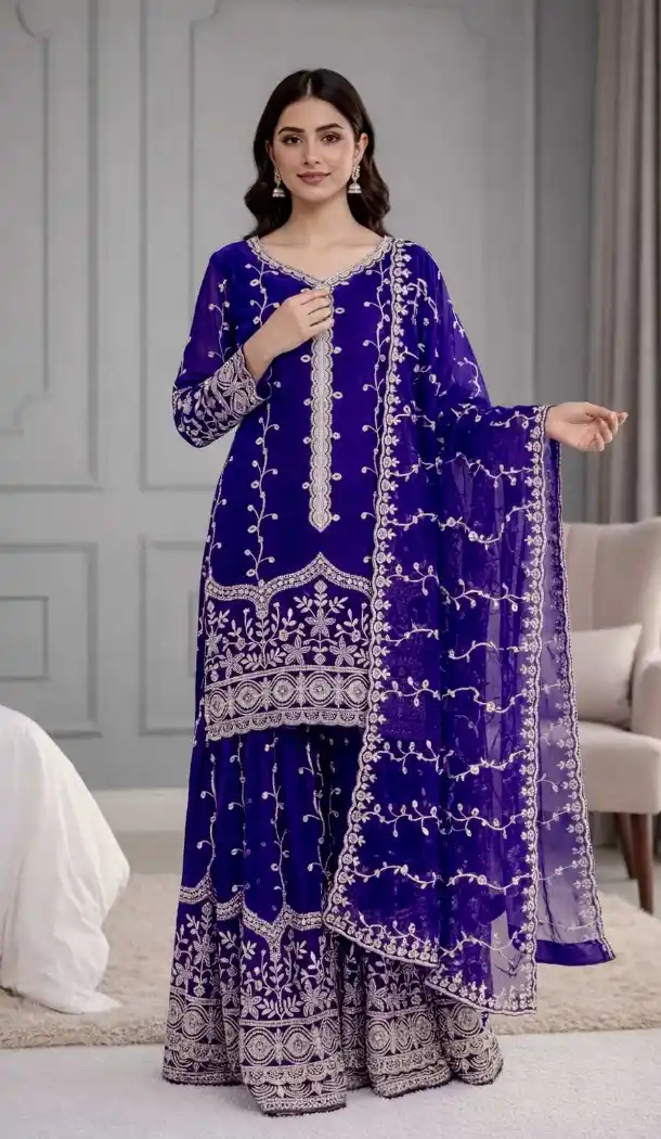 Blue Fendy Silk Palazzo Suit with Sequence Work – 216063