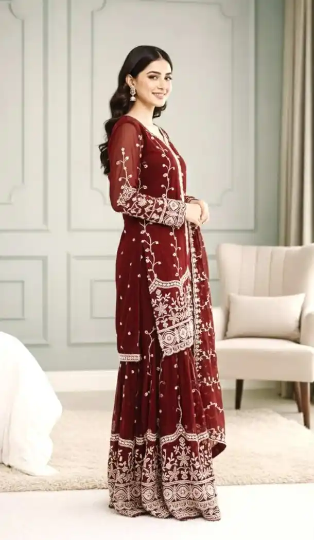 Maroon Fendy Silk Palazzo Suit with Sequence Work – 216064