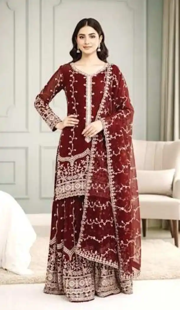 Maroon Fendy Silk Palazzo Suit with Sequence Work – 216064