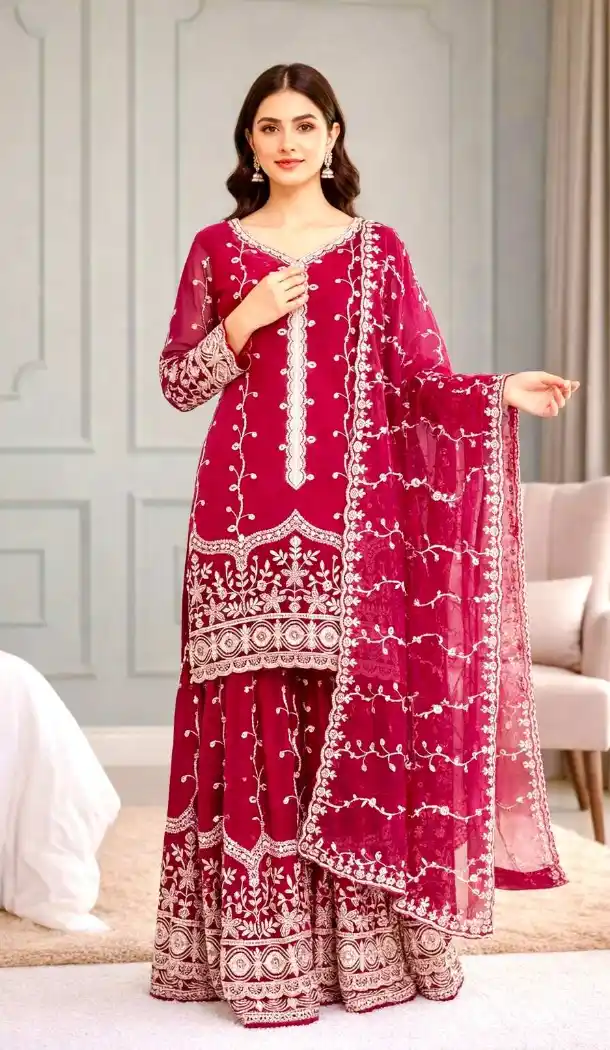 Pink Fendy Silk Palazzo Suit with Sequence Work – 216065