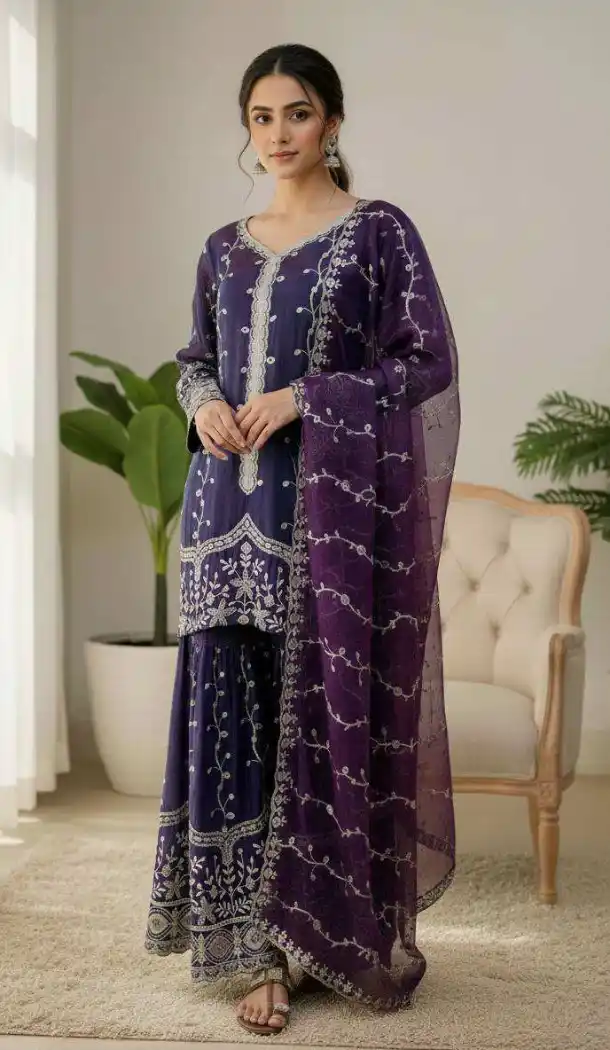 Purple Fendy Silk Palazzo Suit with Sequence Work – 216066