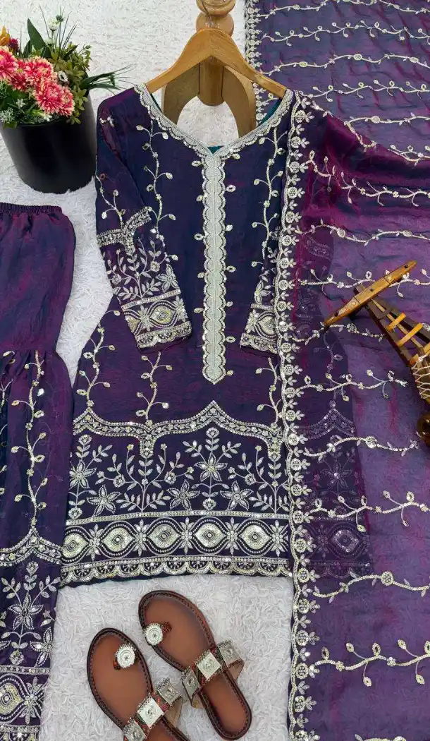 Purple Fendy Silk Palazzo Suit with Sequence Work – 216066