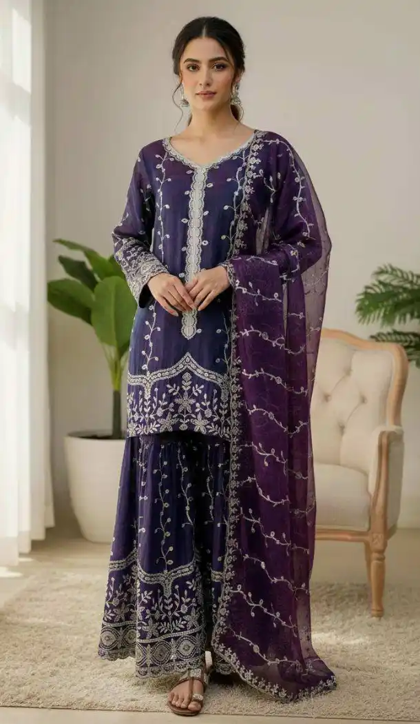 Purple Fendy Silk Palazzo Suit with Sequence Work – 216066