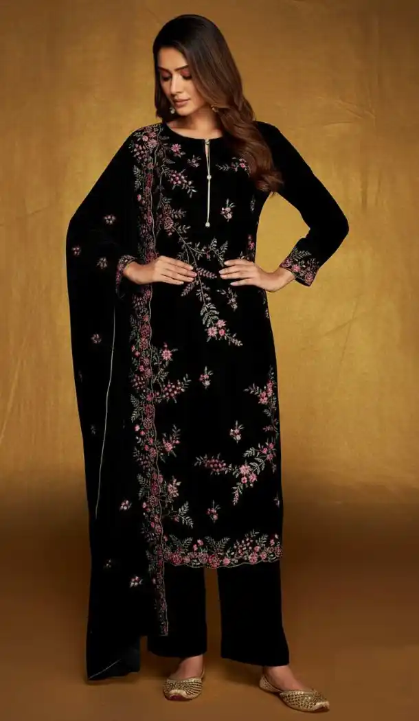 Black Velvet Pakistani Suit with Embroidery Work – 216075