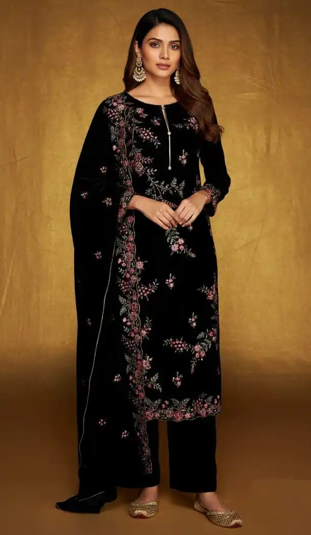 Black Velvet Pakistani Suit with Embroidery Work – 216075