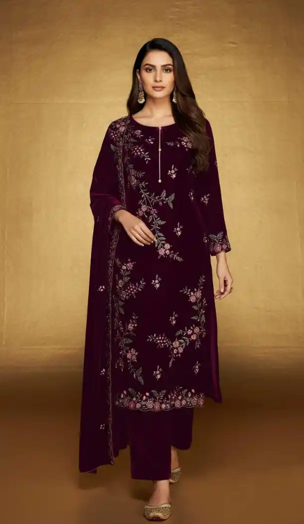 Purple Velvet Pakistani Suit with Embroidery Work – 216076