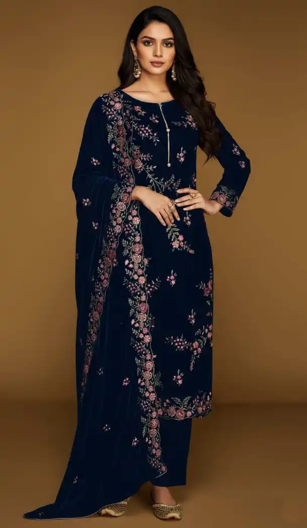 Navy Blue Velvet Pakistani Suit with Embroidery Work – 216077