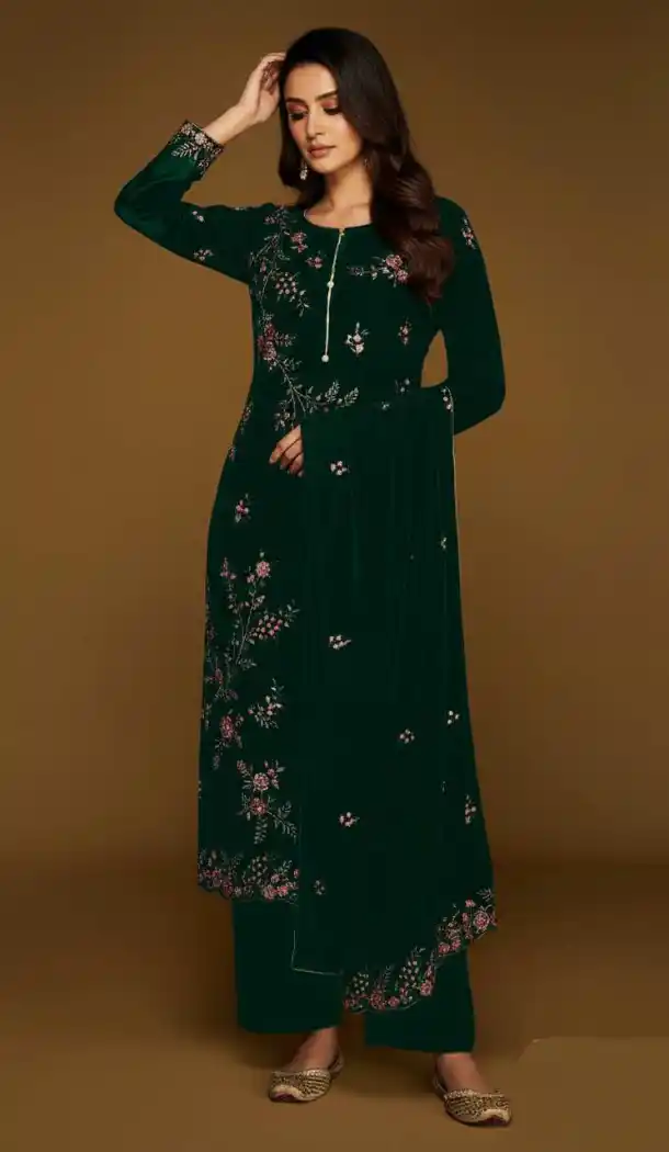 Green Velvet Pakistani Suit with Embroidery Work – 216078