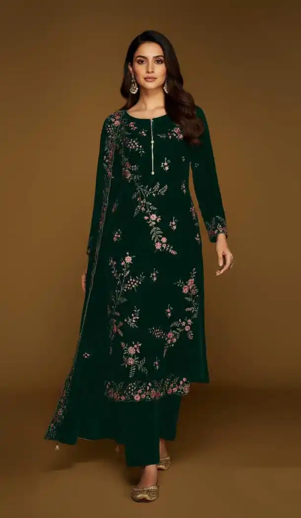 Green Velvet Pakistani Suit with Embroidery Work – 216078