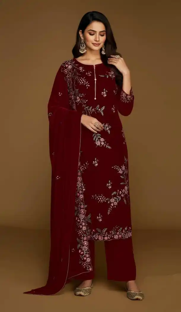 Red Velvet Pakistani Suit with Embroidery Work – 216079