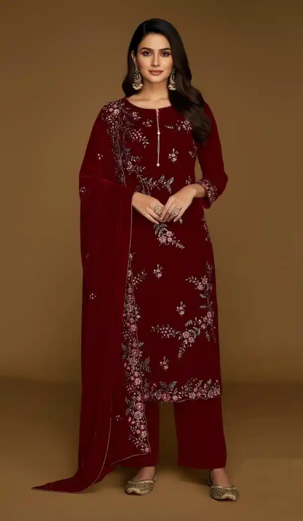 Red Velvet Pakistani Suit with Embroidery Work – 216079