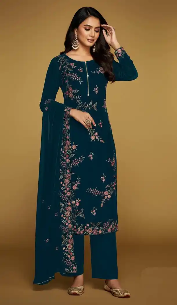 Teal Blue Velvet Pakistani Suit with Embroidery Work – 216080